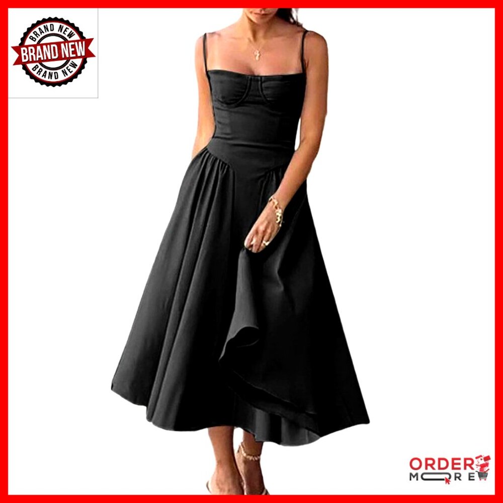 Corset Midi Dress Spaghetti Strap A-Line Flowy Formal Cocktail Summer Wear